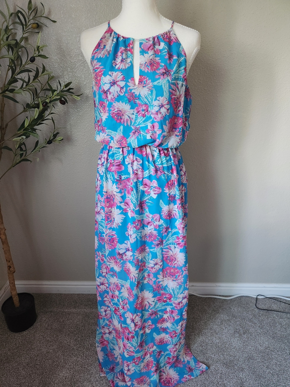 Forever 21 Turquoise Blue Halter Top with Floral Accent
